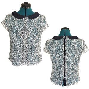 White Floral Lace & Satin Blouse with Black Peter Pan Collar – Women's XL